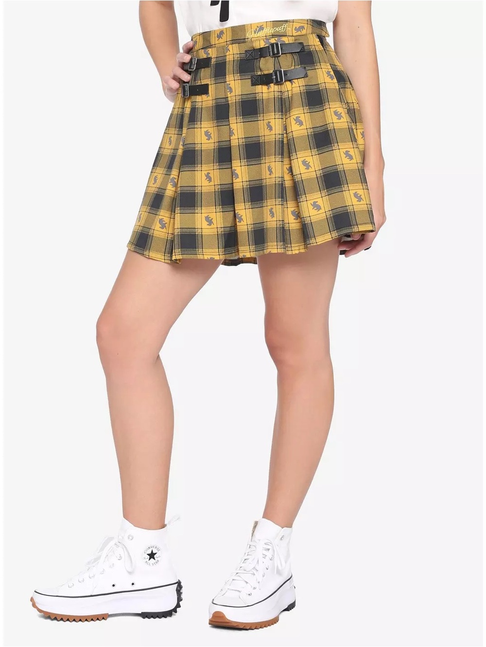 Harry Potter Hufflepuff Plaid Pleated Skirt with Buckles